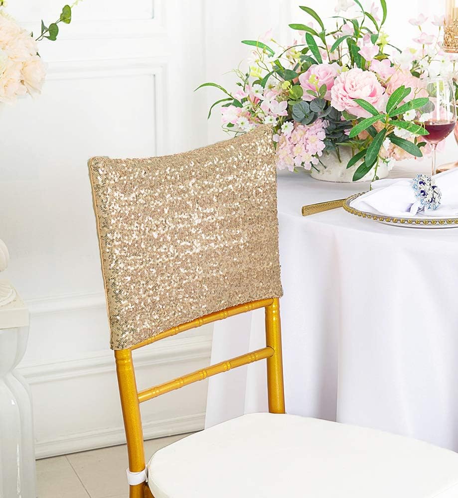 (5 PCS Chiavari Chair Covers Caps Sequin Spandex Stretch Chair Cover Cap for Wedding Party Banquet Events - Blush Pink/Rose Gold