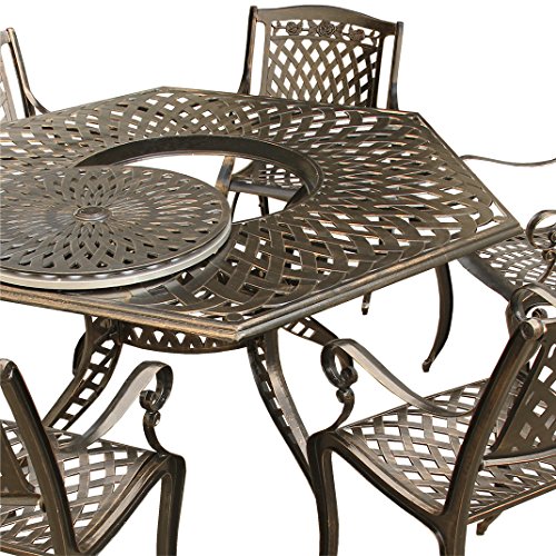 Image of Oakland Living Rose Contemporary Modern and Ornate Traditional Outdoor Mesh Lattice Aluminum 63 inch Bronze Hexagon Dining Set with Lazy Susan and Six Chairs