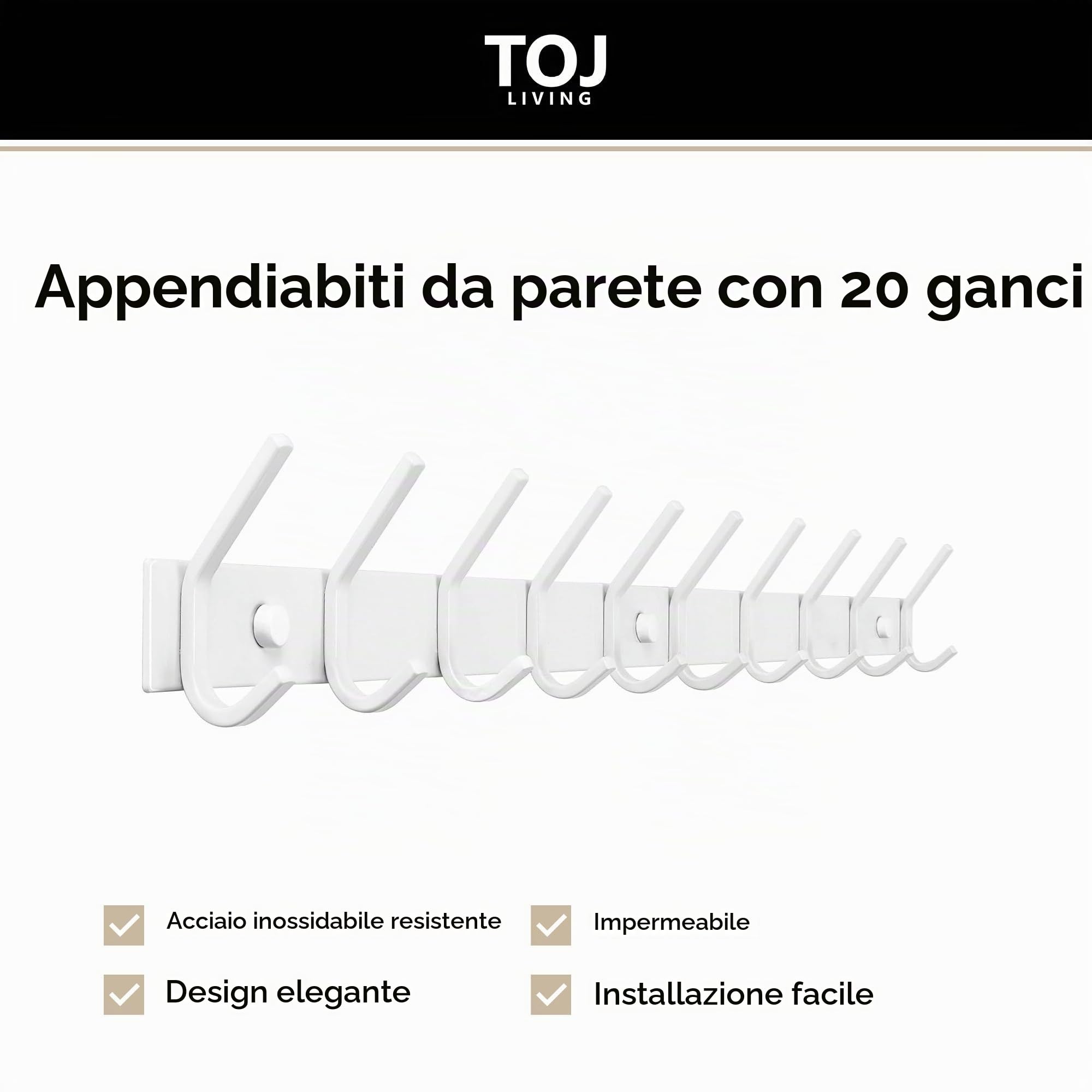 TOJ Living Appendiabiti da parete – 78 cm – 20 ganci – Appendiabiti – Appendiabiti – Appendiabiti – Appendiabiti da parete – Bianco – Appendiabiti da parete – Gancio appendiabiti – Acciaio