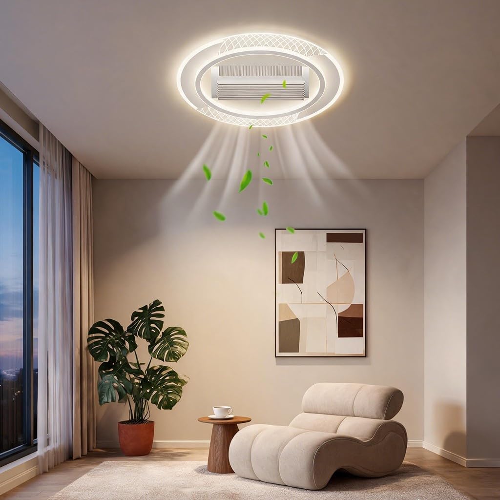 LYSDjia Low Profile Ceiling Fans with Lights 100cm Flush Mount Ceiling Fan Light with Remote White LED Fan Ceiling Lighting Stepless Dimmable Bladeless Ceiling Fans for Bedroom Silent (Oval White)