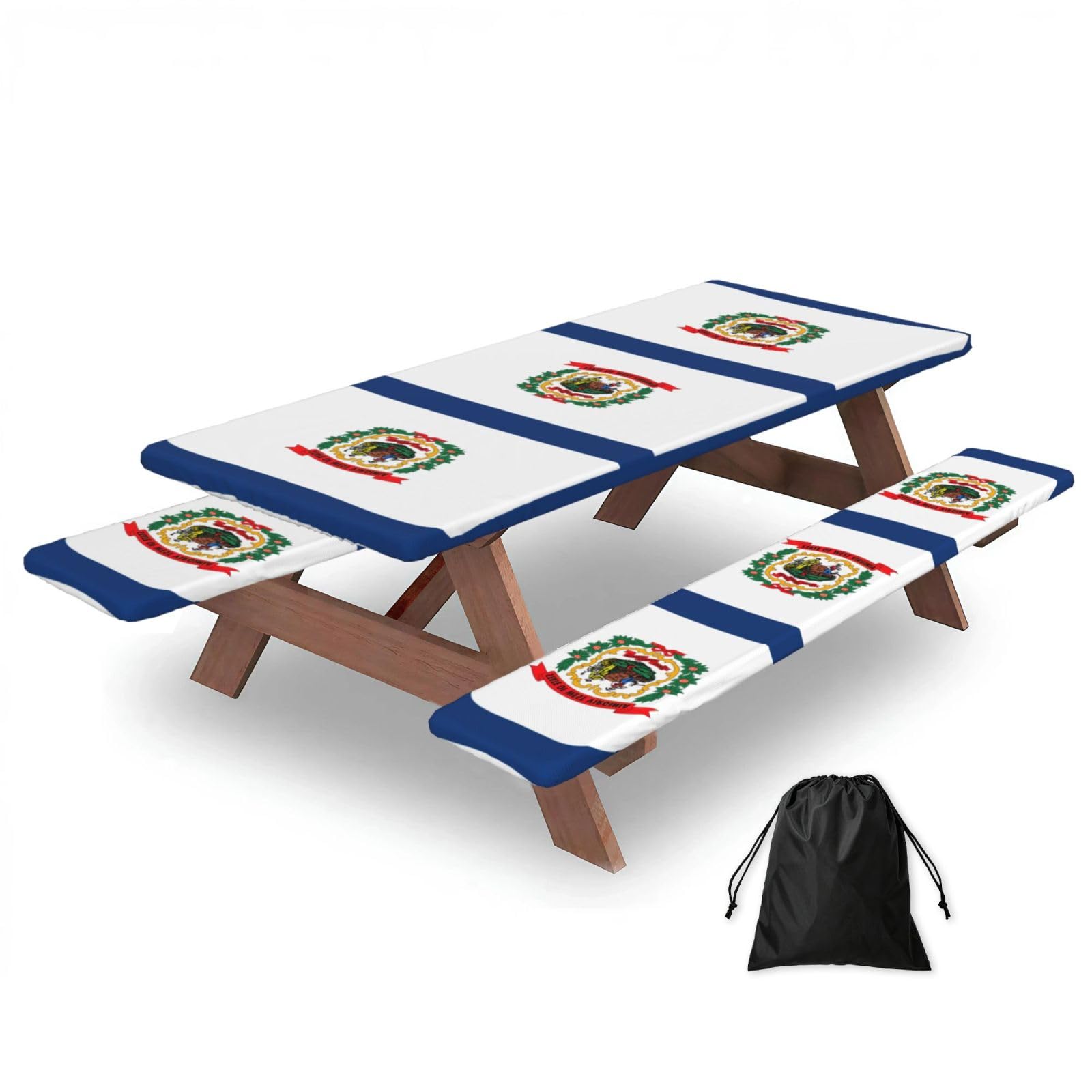 Duwaa Black West Virginia State Flag Print 183Cm Picnic Table Cover With Bench Covers, Waterproof Elastic Tablecloth Set For Outdoor