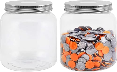 Paquete de 2 monedas de plástico transparente grande con tapa ranurada plateada, monedas de plástico grandes, alcancía para cambio de dinero, tarro