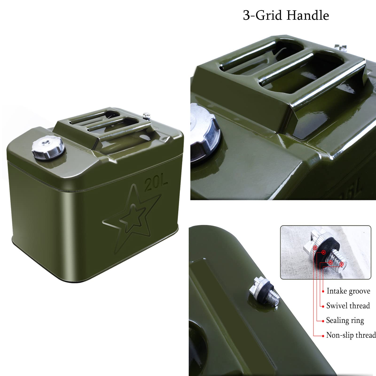 Bidón de Gasolina metálico,garrafa Gasolina Recipientes con asa para Coche,depósito de Combustible de Repuesto Vertical Grueso móvil de anticorrosión,Verde Oliva,10L,20L-60L