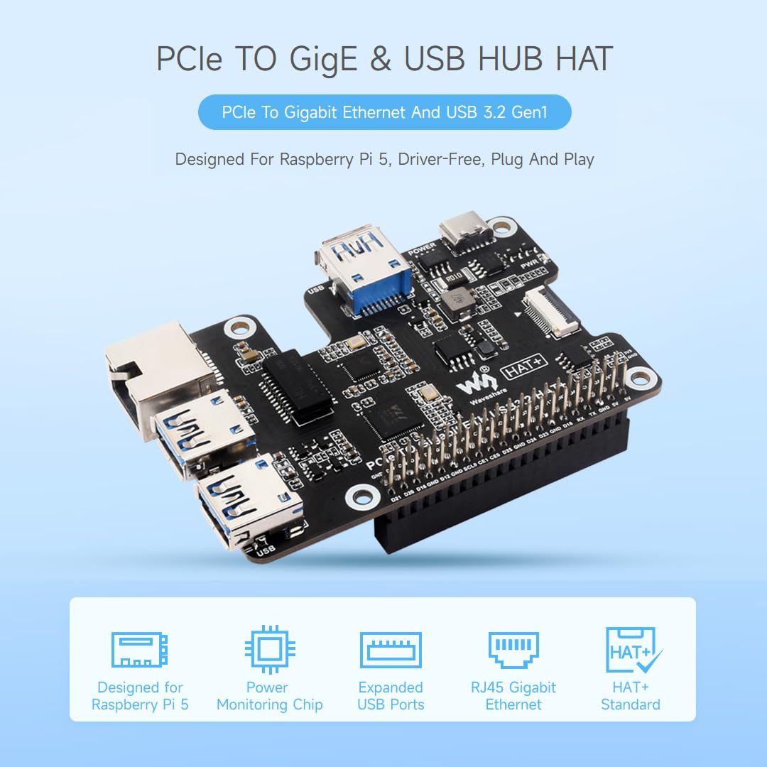 Waveshare PCIe to Gigabit Ethernet and USB 3.2 Gen1 HAT, Compatible with Raspberry Pi 5, 3X USB 3.2 Gen1, 1x Gigabit Ethernet, Driver-Free, Plug and Play