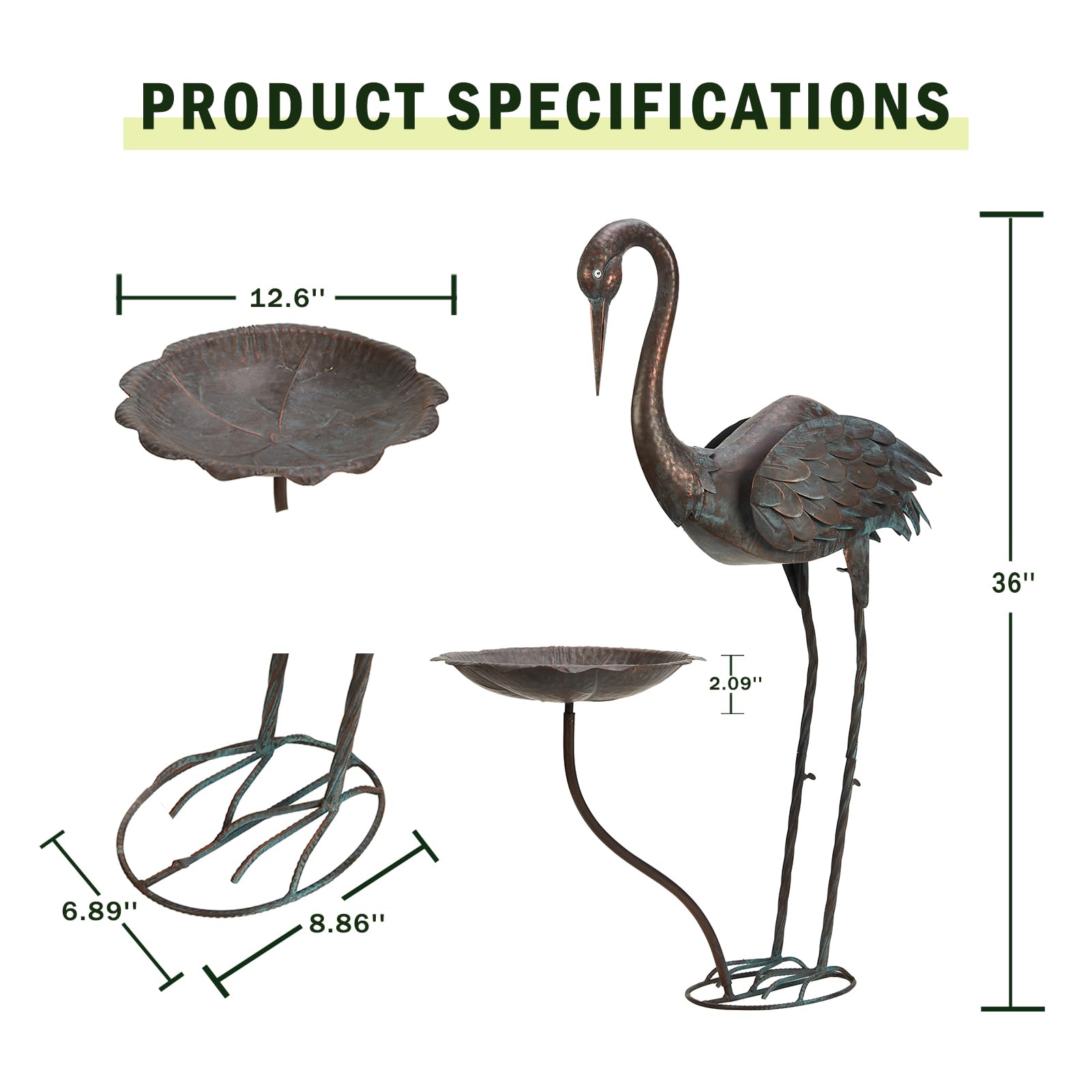 Kranich-Vogeltränke aus Metall, 91,4 cm hoch, Vogeltränke für den Außenbereich, Vogelfutterspender für den Außenbereich | Reiher-Gartenstatuen mit Vogeltränke, Vintage-Vogeltränke für Garten, Terrasse, Rasen-Dekoration