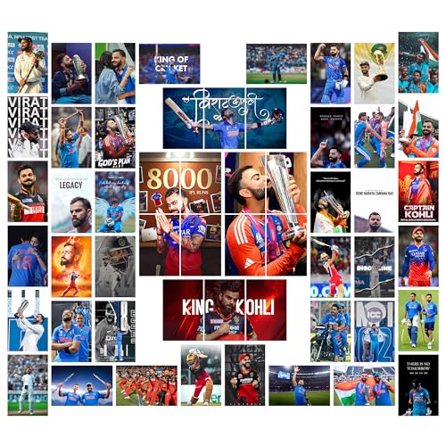 Image of MODERN GALLERY MART Pack of 54 Virat Kohli Wall Collage Kit Posters - 4 x 6 Inches Posters for Wall Decoration - Wall Art For Bedroom, Office, Living room, Dorm room - Glue Dots Included
