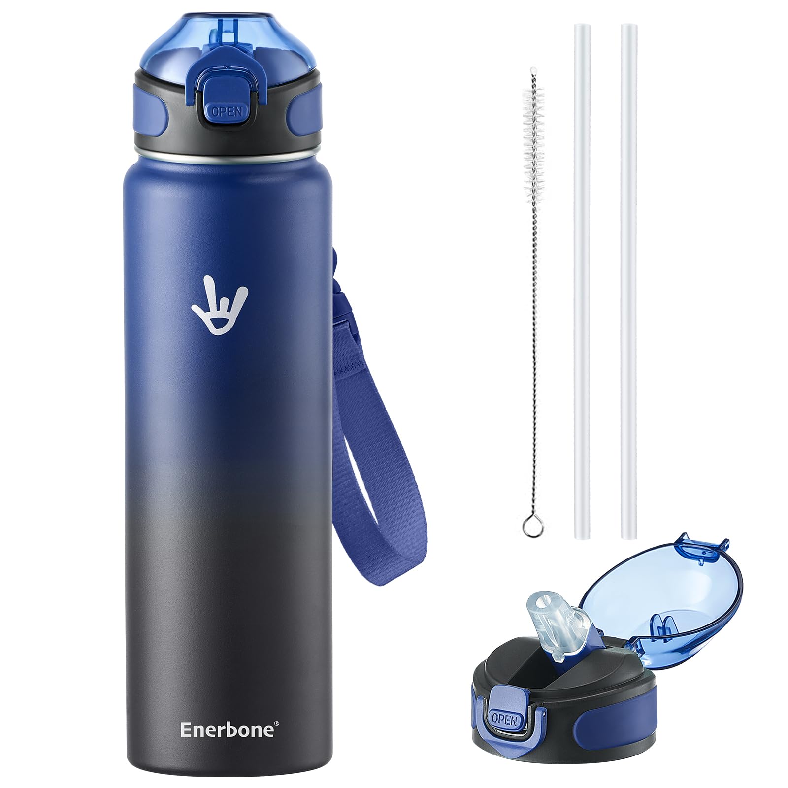 Enerbone 32 oz Insulated Water Bottle, Stainless Steel Bottle with Carrying Strap, Double-Wall Vacuum Insulation Design, Leakproof Sports Bottle with