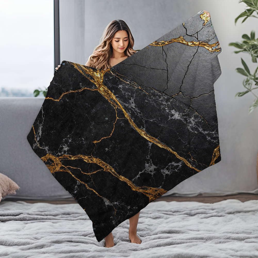 Couverture marbre noir et or 150x200 cm en flanelle de luxe pour lit chic