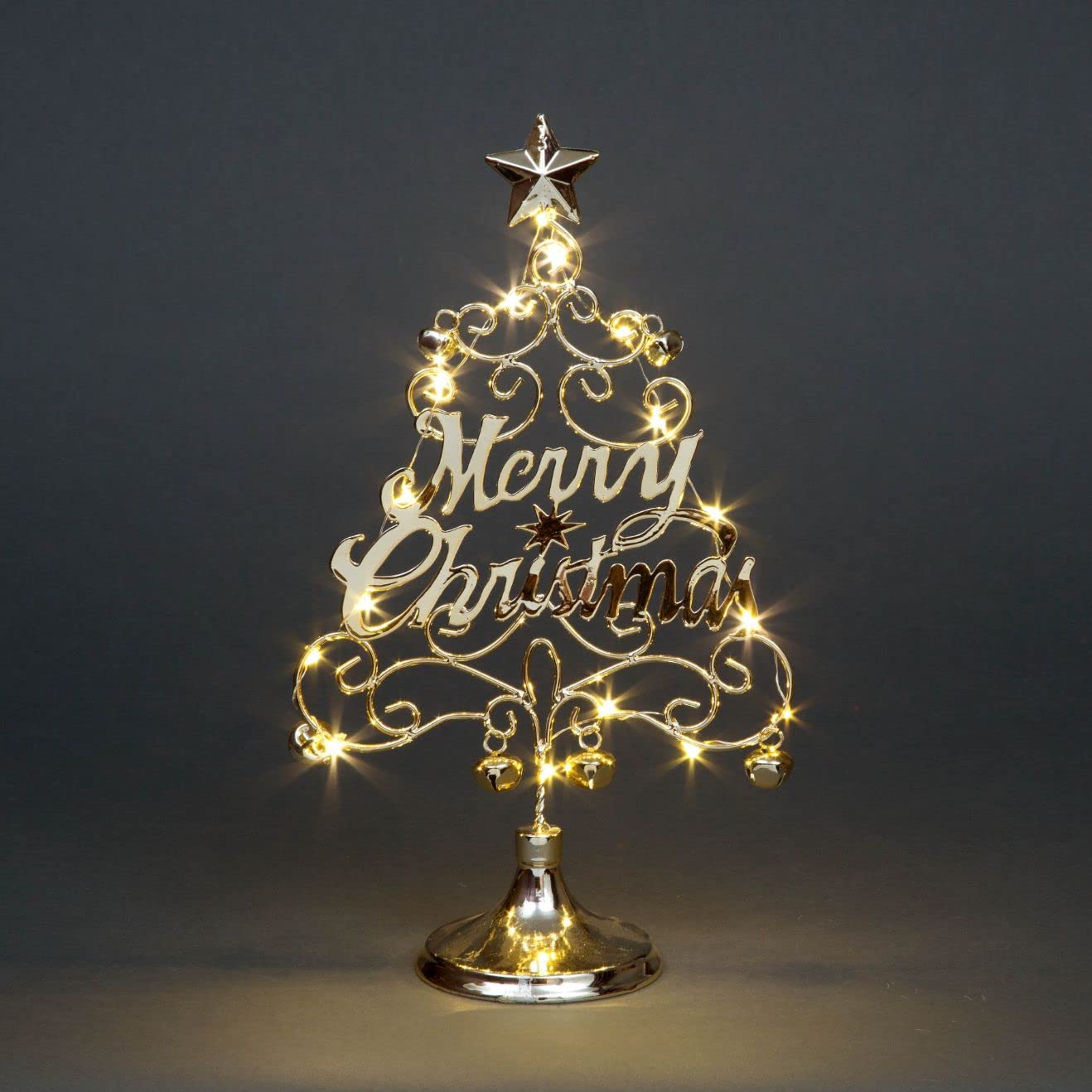 45cm Pre-Lit Table Top Golden Merry Christmas Tree With Warm White LEDs Bells Star Festive Xmas Holiday Home Office Novelty Decorations