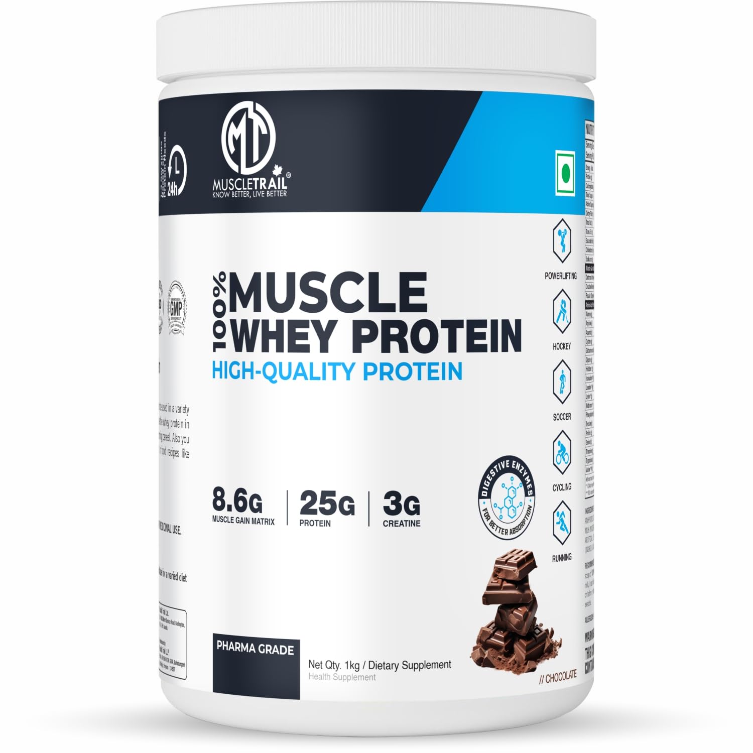 Muscle Trail 100% Whey Protein Powder | Protein for Muscle Gain | 25g Protein, 3g Creatine, 8.6g Muscle Gain Matrix | With Digestive Enzymes | For Athletes & Fitness Enthusiasts 2KG (Chocolate)