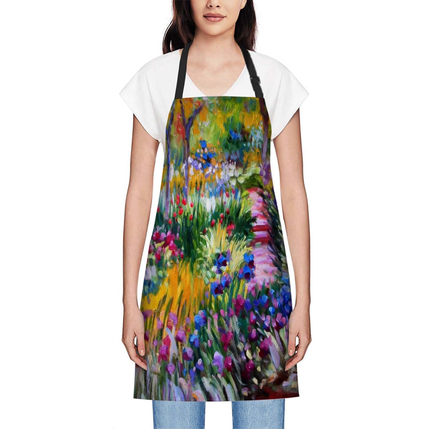 Smooffly Monet Iris Garden Apron - Unisex Adjustable Bib Apron for Cooking Kitchen, Restaurant, Coffee House - Image 2