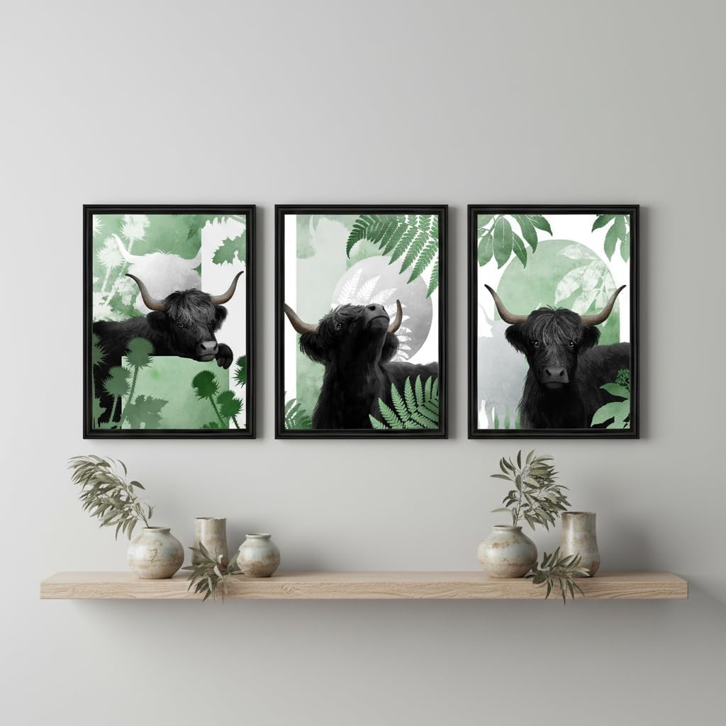 NutArtPic Highland Cow Wall Art Black Cattle with Green Botanical Pictures Prints Set of 3 Prints Farmhouse Decor 12''x16''x3 panels (green)