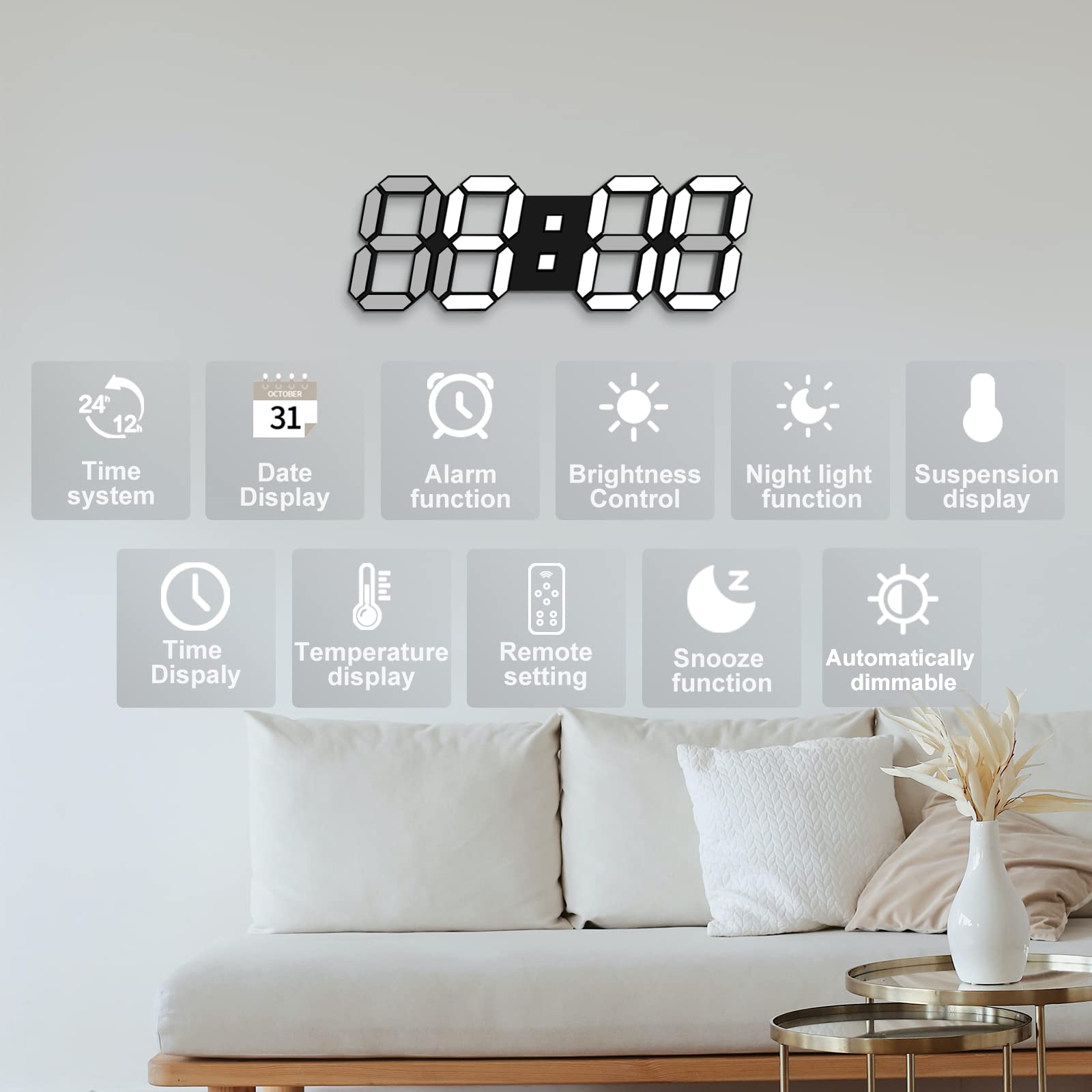 Deeyaple Led Digital Alarm Clock 3D Small Wall Clock Snooze Dimmable Time Memory 12/24 Date Temperature Remote Control Night Light Office Kitchen Living Room Bedroom (15 Inch, Black