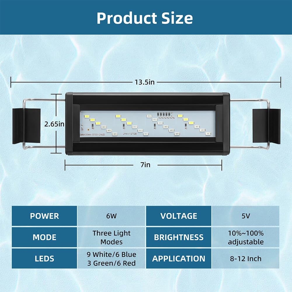 LED Aquarium Light Full Spectrum Fish Tank Light with Dimmer White Blue Red Green LEDs Fish Tank Light with Three Lighting Modes and Extendable Bracket for 8 Inch to 12 Inch Aquarium