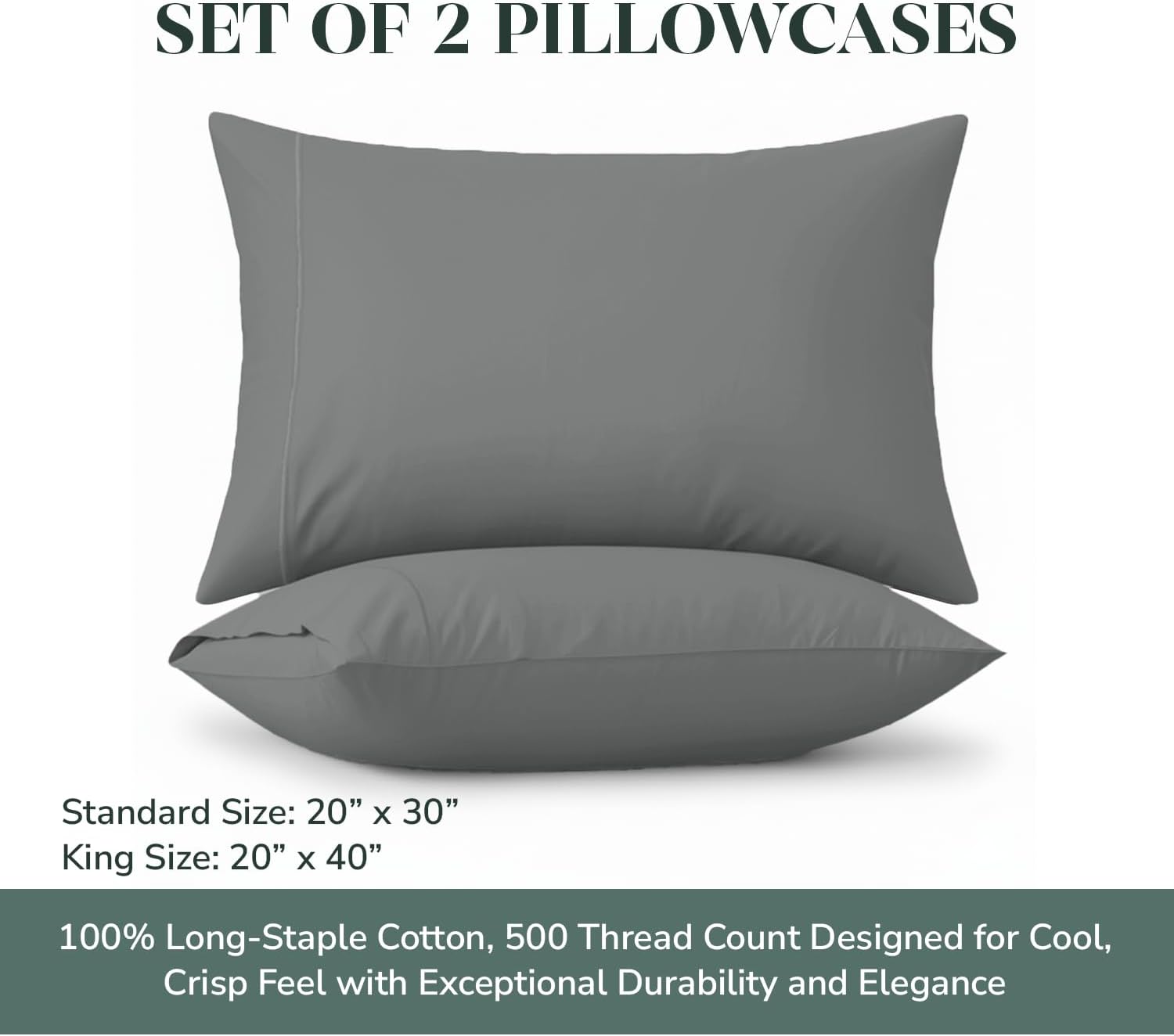 Feather & Stitch 100% Cotton Solid Standard Pillow Covers Set of 2, 500TC Envelope Closure Pillowcases, Soft Luxury Damask Sateen Weave Pillow Case for Sleeping, 20x30 Inches - Ash Grey