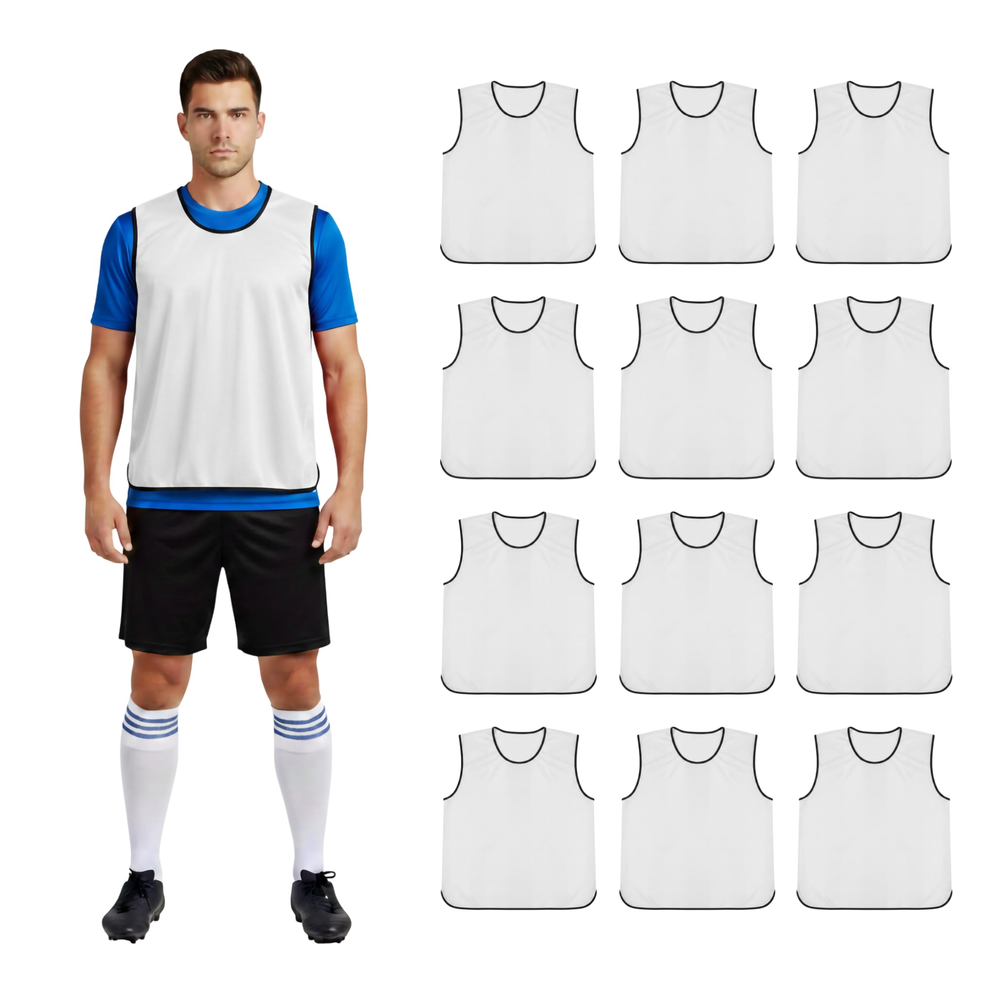 SiXsigma Sports 12 X Training Bibs Sports Mesh Football Bibs With Carry Bag - Quick Dry Football Training Equipment For Rugby, Soccer, Cricket & Basketball (White, XXL- Fit 52" Chest)