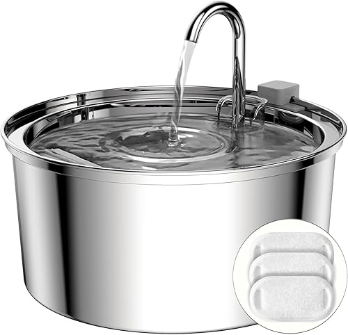 Miniatura 1 de Tomxcute Fuente de agua para gatos, dispensador automático de agua de acero inoxidable de 3.2L108 onzas, bomba ultrasilenciosa y 3 filtros de