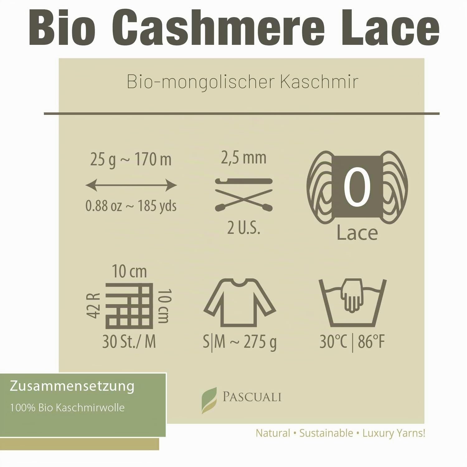 PASCUALI | Bio Cashmere Lace. Strickwolle aus 100% Kaschmirwolle Wolle zum Stricken und Häkeln, SET: 4 Knäuel - 100g - Farbe: Creme 20