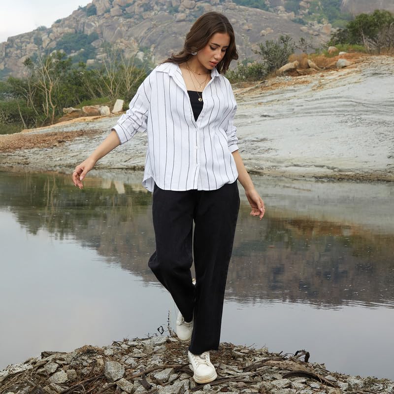 Image of PINACOLADA Women's Solid Oversized Shirt for Casual Wear | Spread Collar | Long Sleeve | Button Closure | Oversized Shirt Crafted with Comfort Fit for Everyday Wear