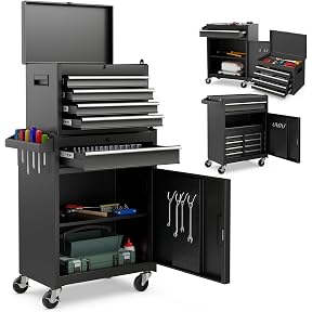 Goplus Tool Chest, 5 Drawers Rolling Tool Cabinet with Detachable Top Toolbox, Universal Lockable Wheels, Lock Bar, Protective Liner & Tool Rack, Metal Tool Storage Cart, Tool Box for Garage Workshop