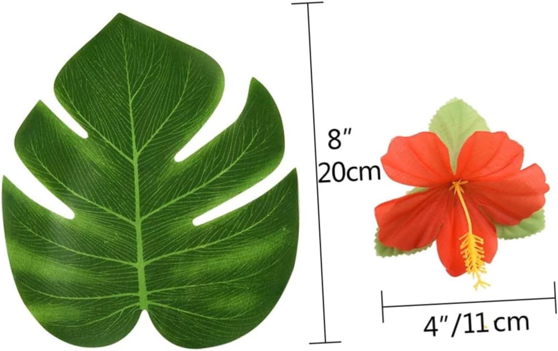 1Set Hawaiian Party Table Skirt Set with Monstera Leaves Hibiscus Flowers Skirt Assorted Umbrella Toppers Fruit Straws for Luau Decoration