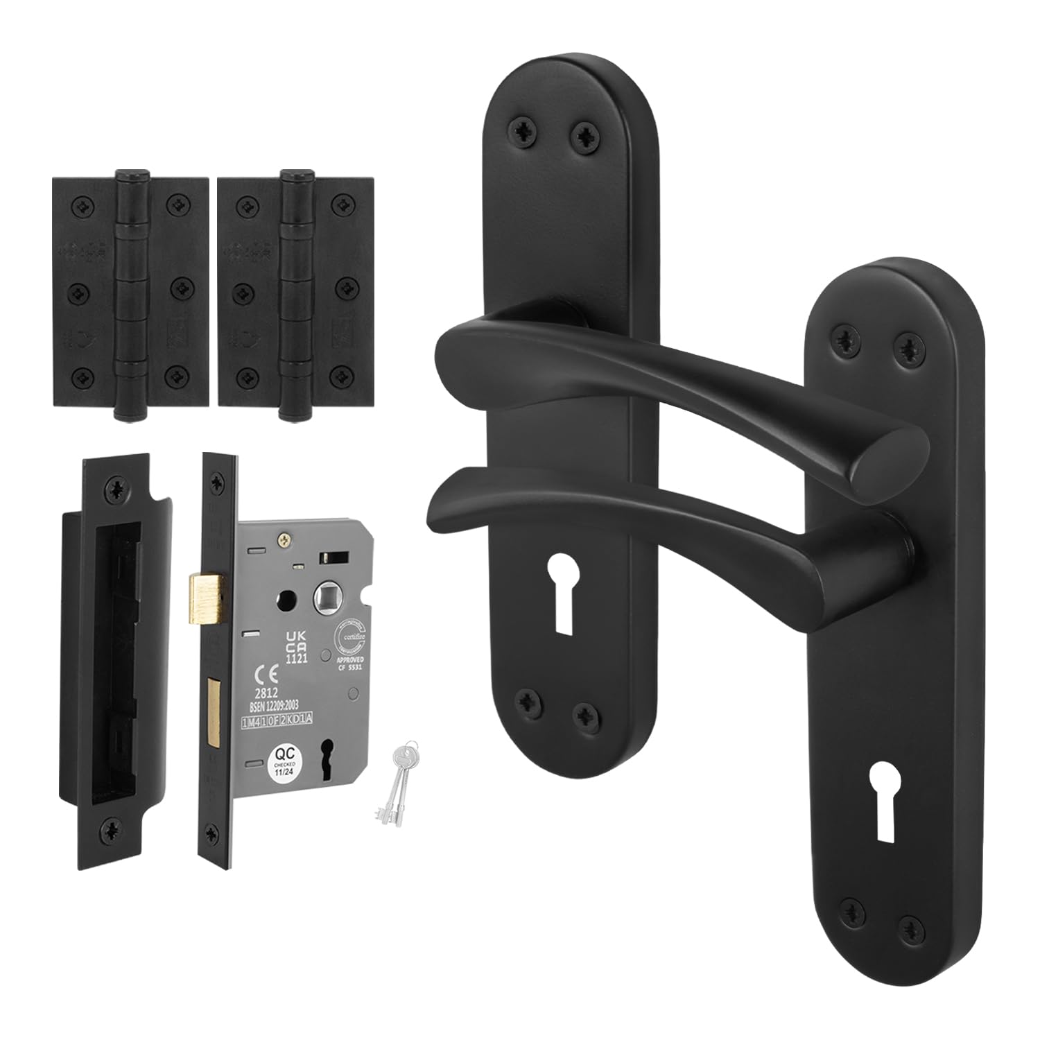 EAI Black Door Handle Key Lock Set, 1 Pair Matt Black Internal T-Bar Handles, Hinges 76mm, Sash Lock 64mm - Novoli