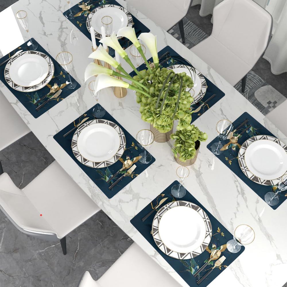 Juego de 4 manteles individuales de 12 x 18 pulgadas, diseño de colibrí azul marino y verde, flores blancas doradas, juego de 4 manteles individuales lavables gruesos para mesa de cocina, decoración