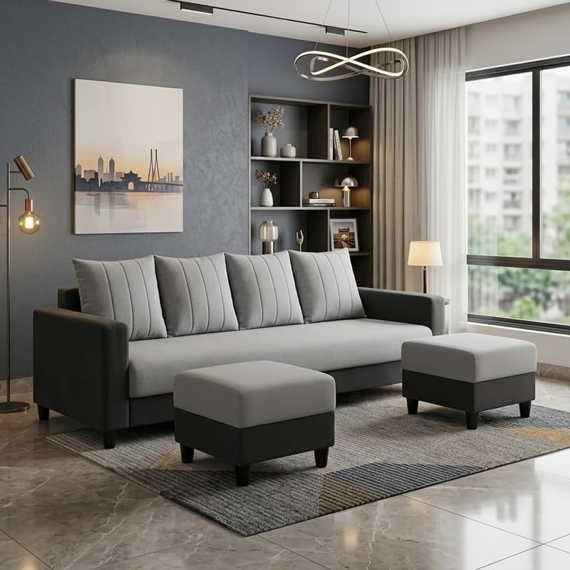 Image of Strikon Plush 6 Seater L Shape Sofa Set with 2 Movable Ottoman | Flexible Layout |Silken Velvet Suede | Designer Sofa for Living Rooms & Office Spaces (Light Grey & Dark Grey)