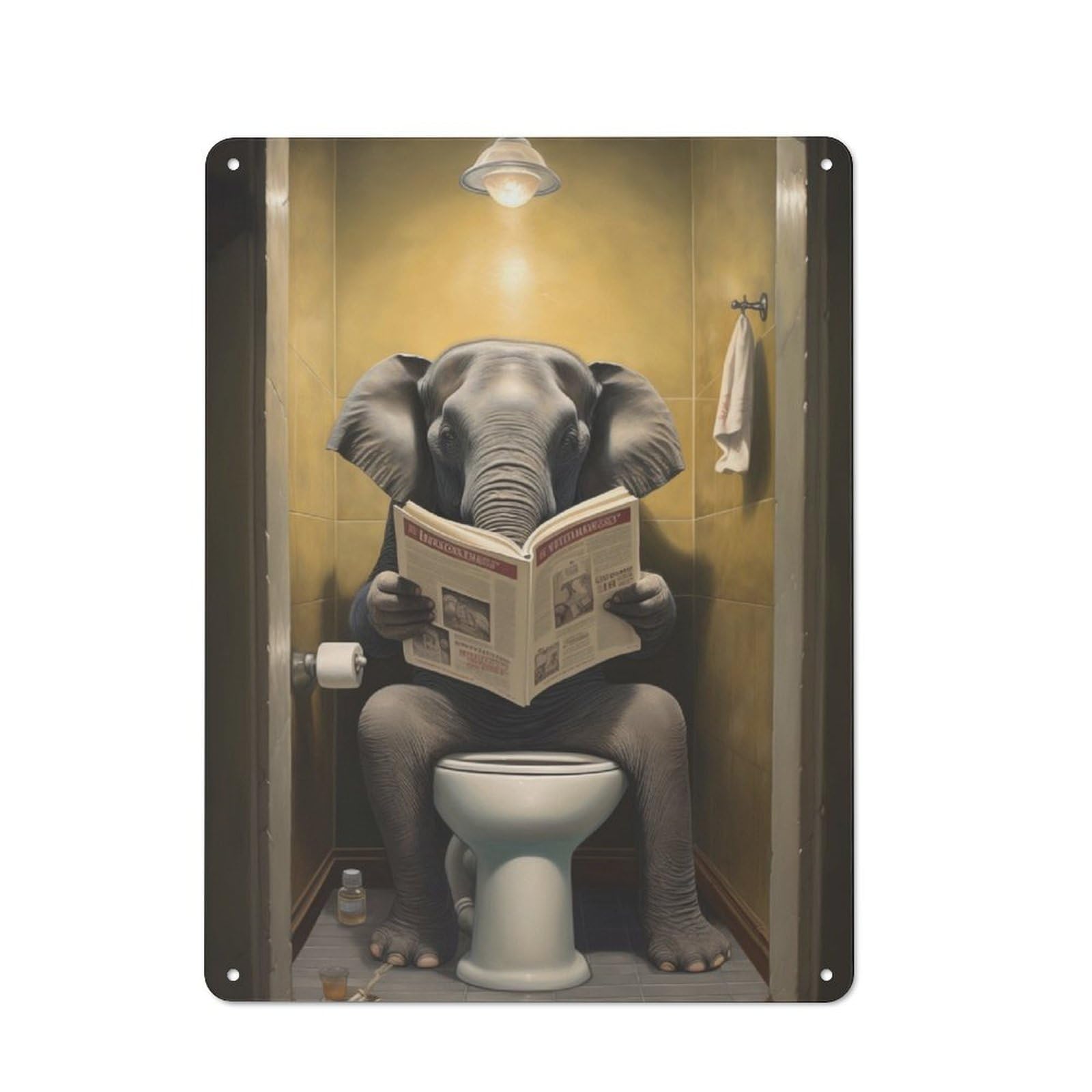 Junmoney Elephant Reading On Toilet Modern Retro Metal Wall Art Sign 40X30cm Featuring Urban Room Decor For Workspace, Cafe, Hallway Or Garage