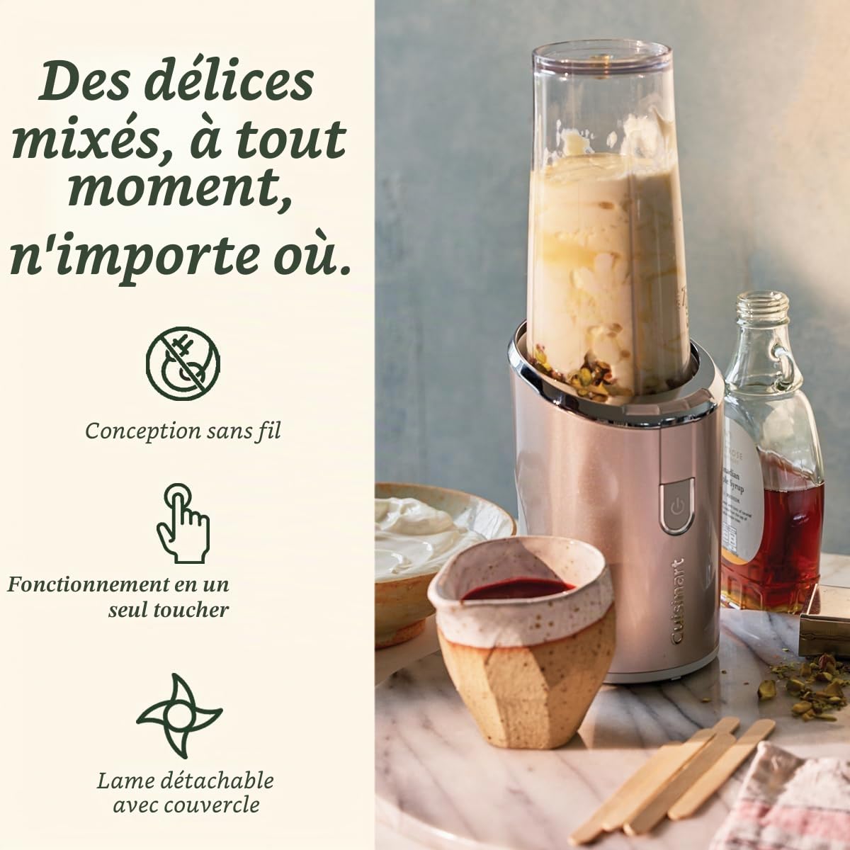 Cuisinart Blender sans fil 450 ml Bouteille de smoothie portable, broyeur à glace, frappe, milkshakes rechargeable par USB, tasse à mélanger portable sans BPA avec couvercle inclus