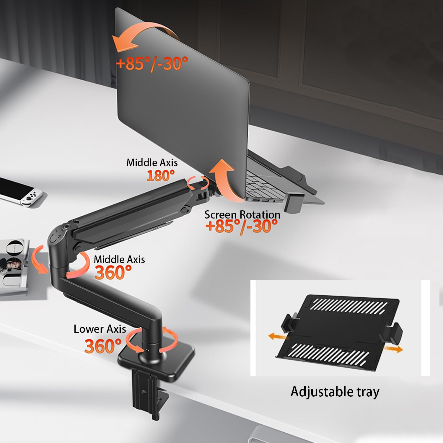 Braccio Monitor Scrivania,Supporto Per Monitor 2 In 1 Con Vassoio, Capacità Fino a 10 Kg, Altezza Regolabile,Compatibile Con Laptop Fino a 17 Pollici, Braccio Per Scrivania Con Morsetto/Foro,nero
