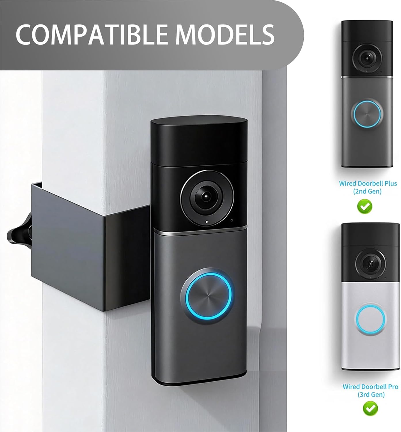 Doorbell Mount Compatible with Ring 4k Wired Doorbell Pro (3rd Gen), No Drill Renter Friendly Doorbell Mount for Houses, Apartments, Businesses (Fixed Mount)
