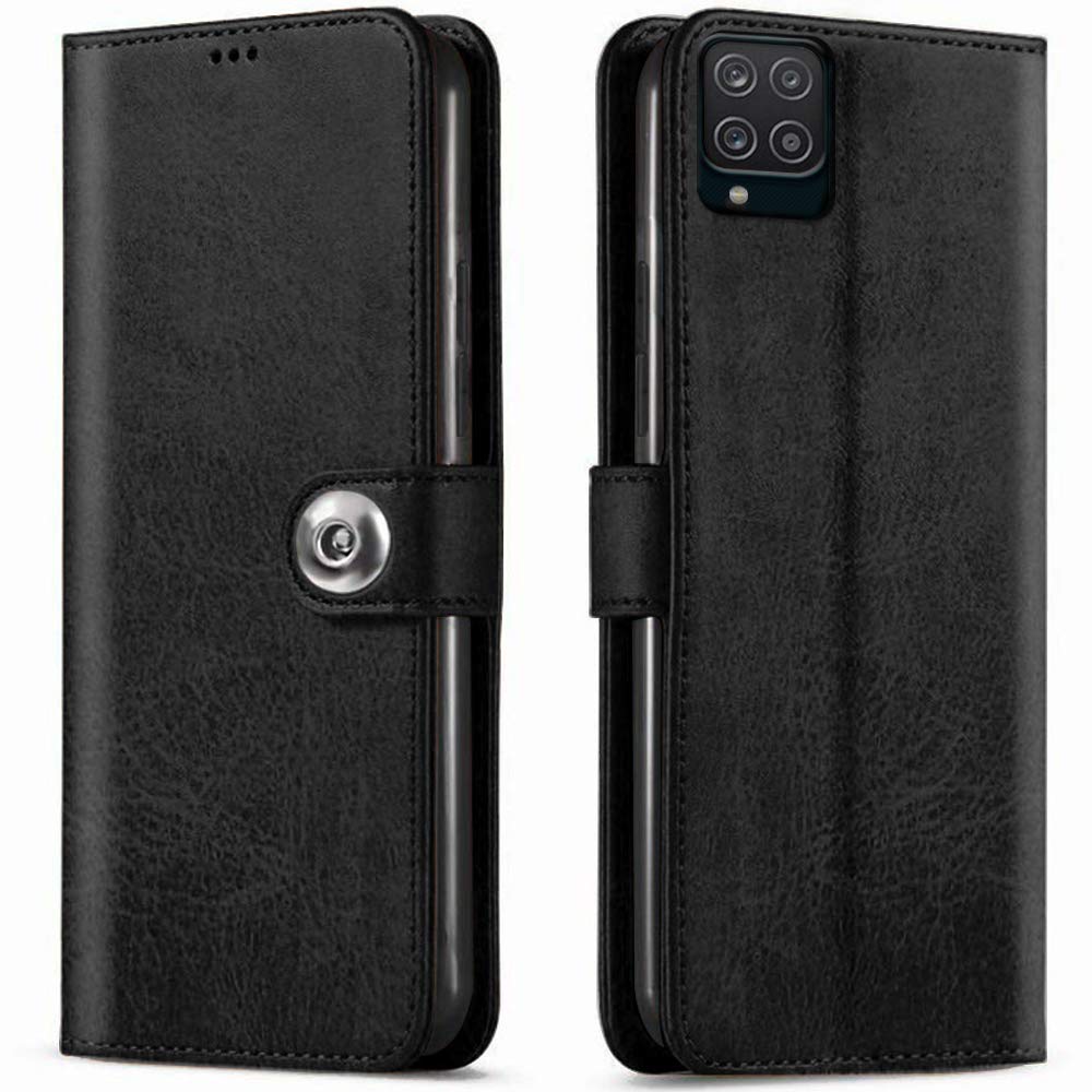 TheGiftKart Flip Case Back Cover for Samsung Galaxy M12 / F12 / A12 (Genuine Leather Finish | Inside Pockets & Inbuilt Stand | Wallet Style Back Cover Case | Designer Button Magnet | Black) (B08WLQSR8B) Amazon Price History, Amazon Price Tracker