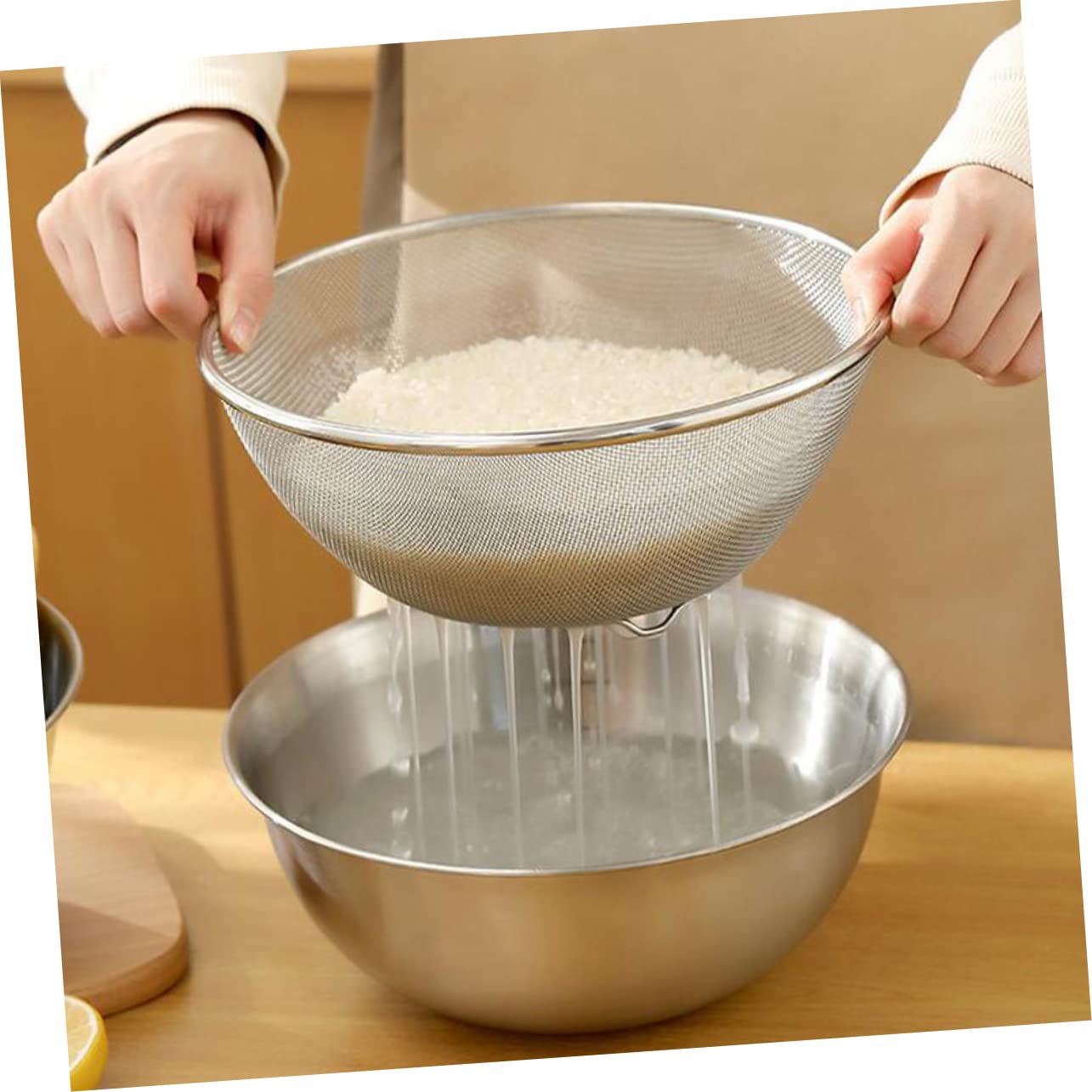 Colador de Arroz 2 Piezas de Malla Fina de Acero Inoxidable | Lavado de Verduras y Noodles, Color Plata, Estable y Antideslizante, Uso Doméstico en Cocina
