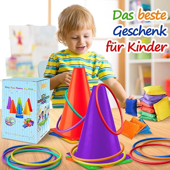 Eocolz 3-in-1 Karnevals-Spiele-Set weiche Kunststoff-Kegel Sitzsäcke Ringwurfspiele für Kindergeburtstag Party Outdoor-Spiele Zubehör Kombi-Set