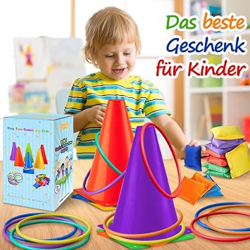Eocolz 3-in-1 Karnevals-Spiele-Set weiche Kunststoff-Kegel Sitzsäcke Ringwurfspiele für Kindergeburtstag Party Outdoor-Spiele Zubehör Kombi-Set