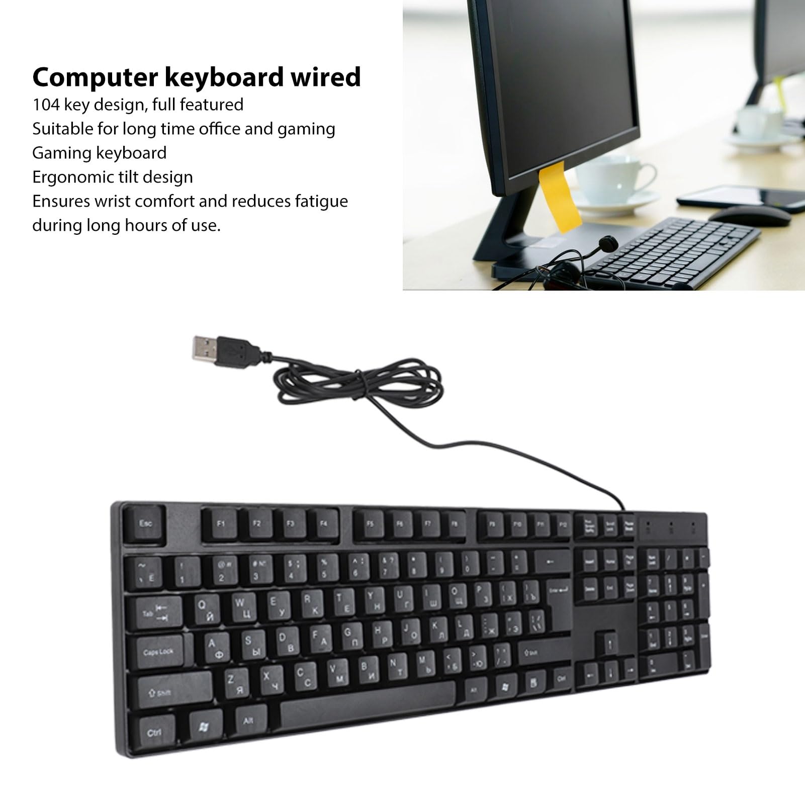 K1800 Keyboard da Gioco Cablato USB 104 Tasti, Lingua di Minoranza, Tastiera Russa, Cavo da 4,9 Piedi, Design Ergonomico per Lo Studio di Ufficio (Russo)