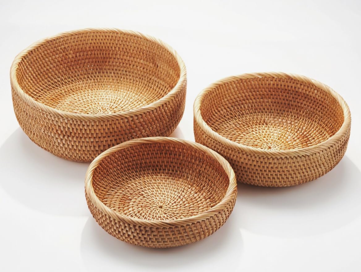 Set van 3 rieten opbergmanden met deksels, natuurlijke rotan geweven