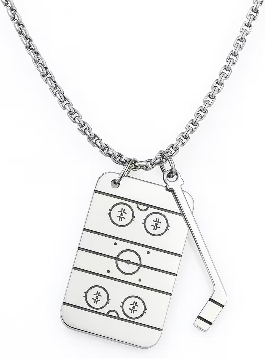 Hockey Stocking Stuffers Hockey Gifts Hockey Necklace Hockey Mom Gifts Ice Hockey Necklace for Men Women Hockey Accessories Silver Stainless Steel