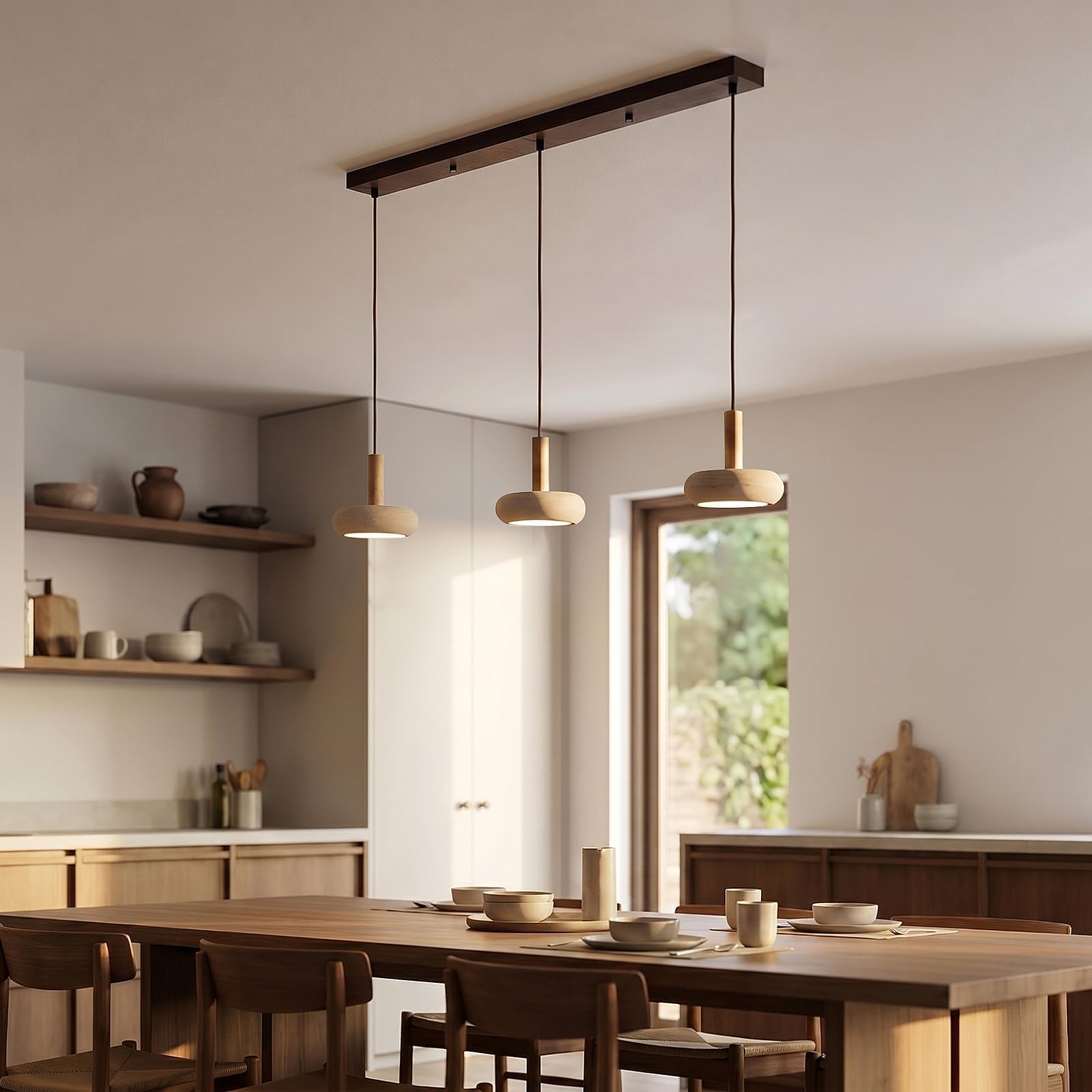 Lustre Suspendu LED 3 Têtes Style Japonais Wabi Sabi Luminaire Travertin Jaune Luminaires Bois Hauteur Réglable Lustres Moderne Adapté Au Salon Cuisine Chambre Salle À Manger Tige En bois
