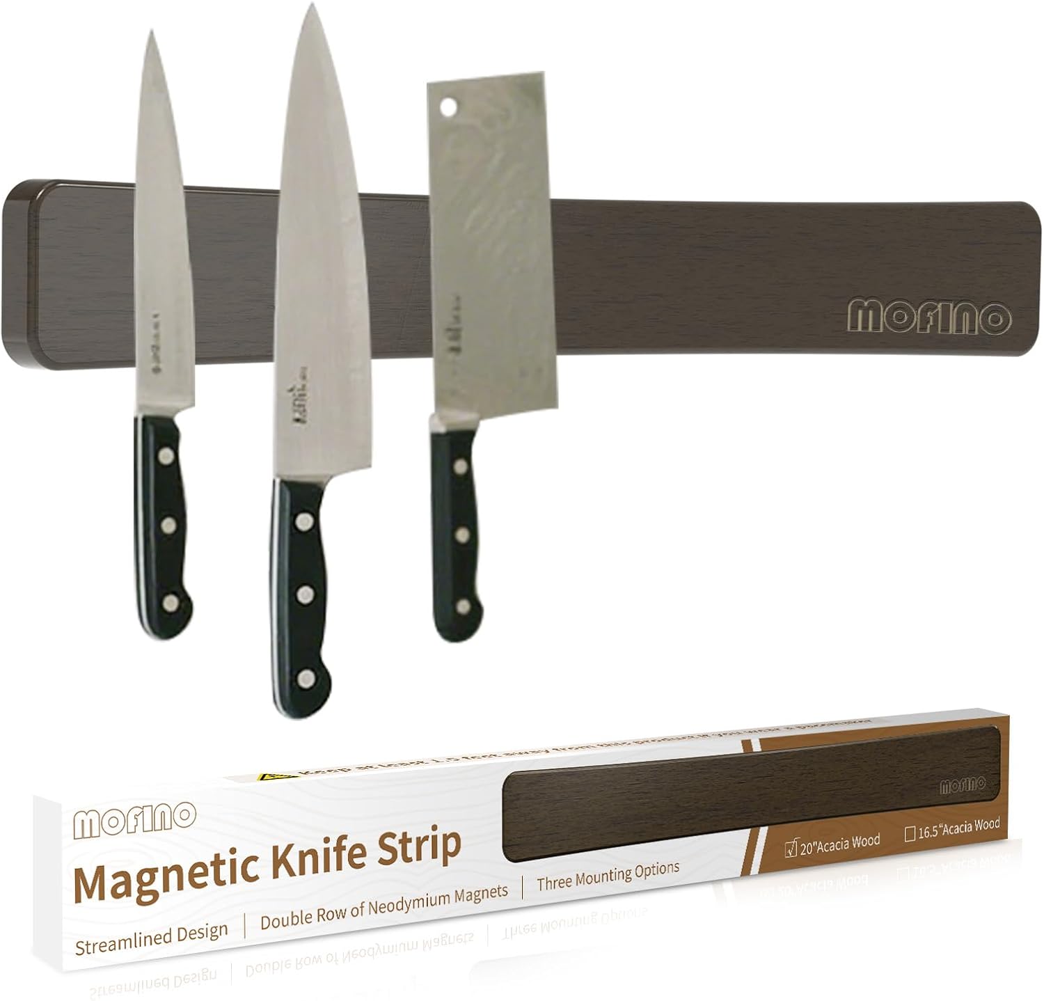 Magnetic Knife Holder for Wall,20 Inch Magnetic Knife Strip,Acacia Wood Double Sided Magnetic Knife Rack for Fridge,No Drilling