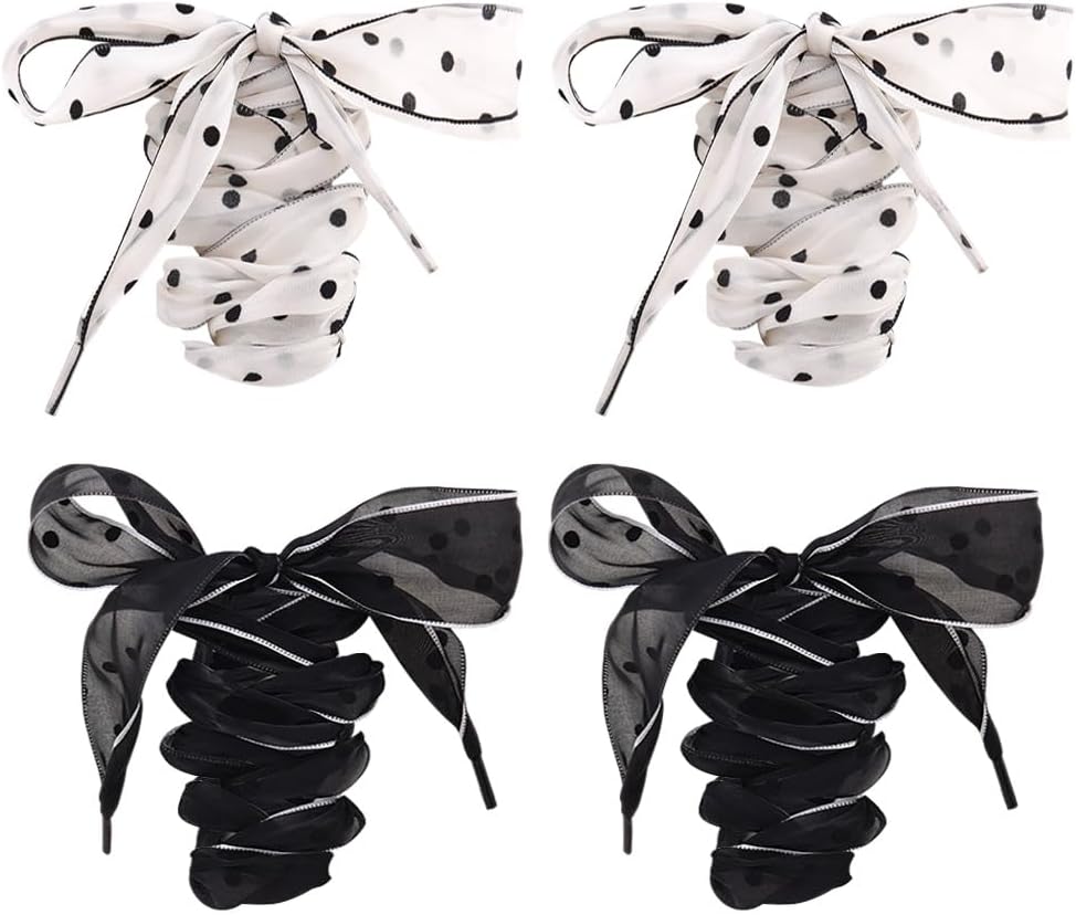 2 Pairs Checkered Plaid Shoelaces for Sneakers Boots Shoelaces Wide Satin Ribbon Shoe Laces Polka Dot Shoestrings