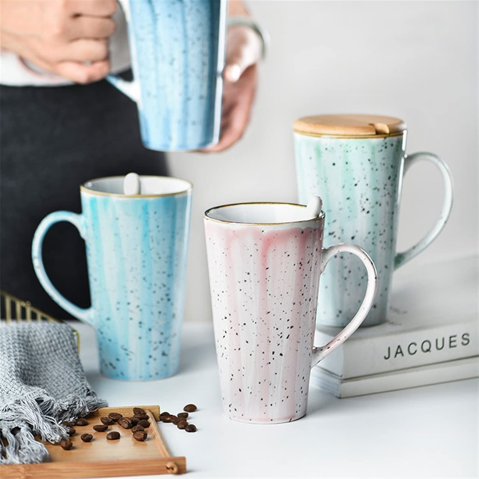 HIHELO Latte Coffeemug kreatywna osobowość ceramiczny kubek 520 ml duża pojemność kubek do kawy z pokrywką i łyżką do biura, szkoły i domu kubek do picia zestaw kubków do kawy (kolor: szary)