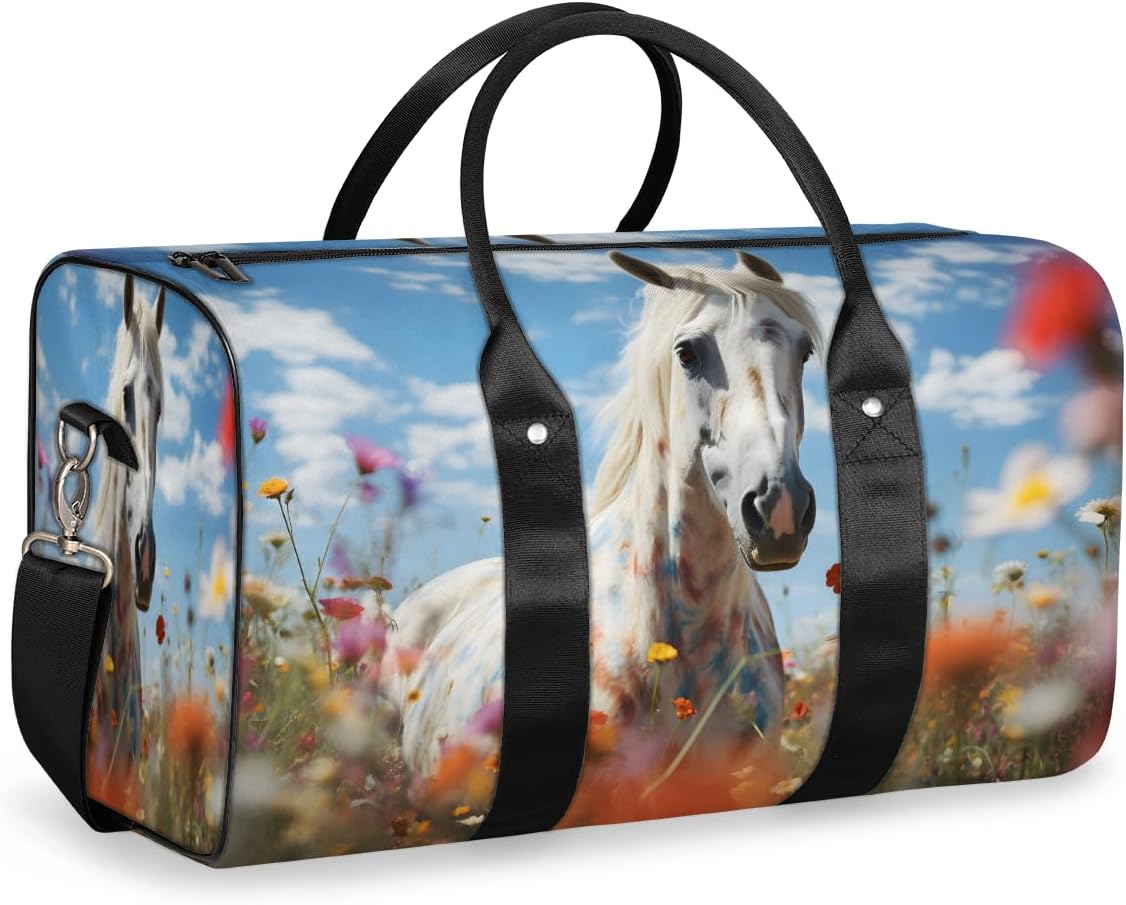 White Horses Flower Fields Travel Duffel Bag for Women Men Large Capacity Overnight Weekender Bags for Lightweight Waterproof Sport Gym Bag for Workout Yoga Swim