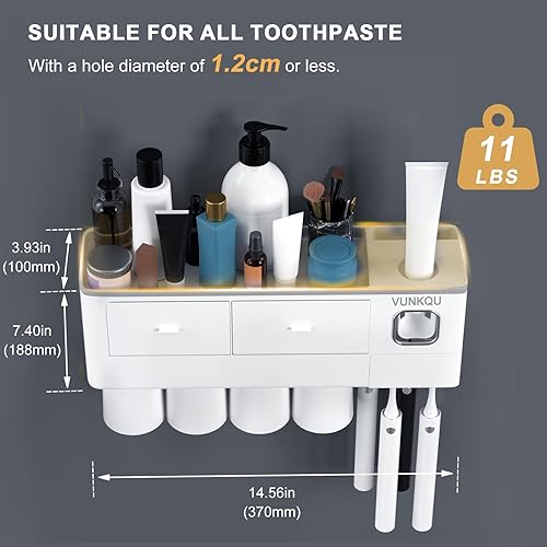 Miniatura 6 de VUNKQU Toothbrush Holder Wall Mounted, 4 Cups Toothbrush Holders with Toothpaste Dispenser Toothbrush Holder for Bathroom Automatic Tooth Pastetooth