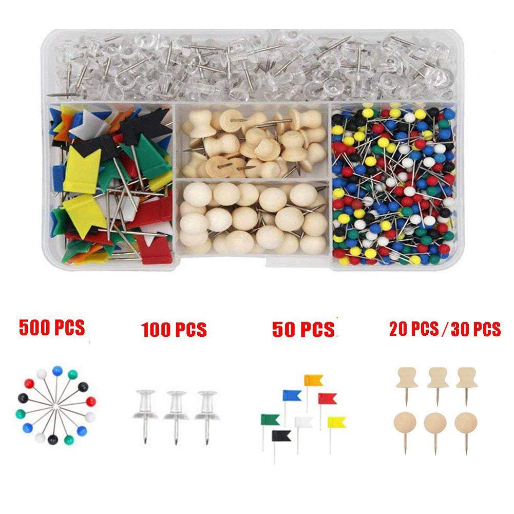 700 PCS Push Pins Set Decorative Map Push Flags Push Pins Wooden Thumb Tacks Pins Map Tacks Map With Pins For Wall, Cork Board, Bulletin Board, Travel Map, Map Locationing