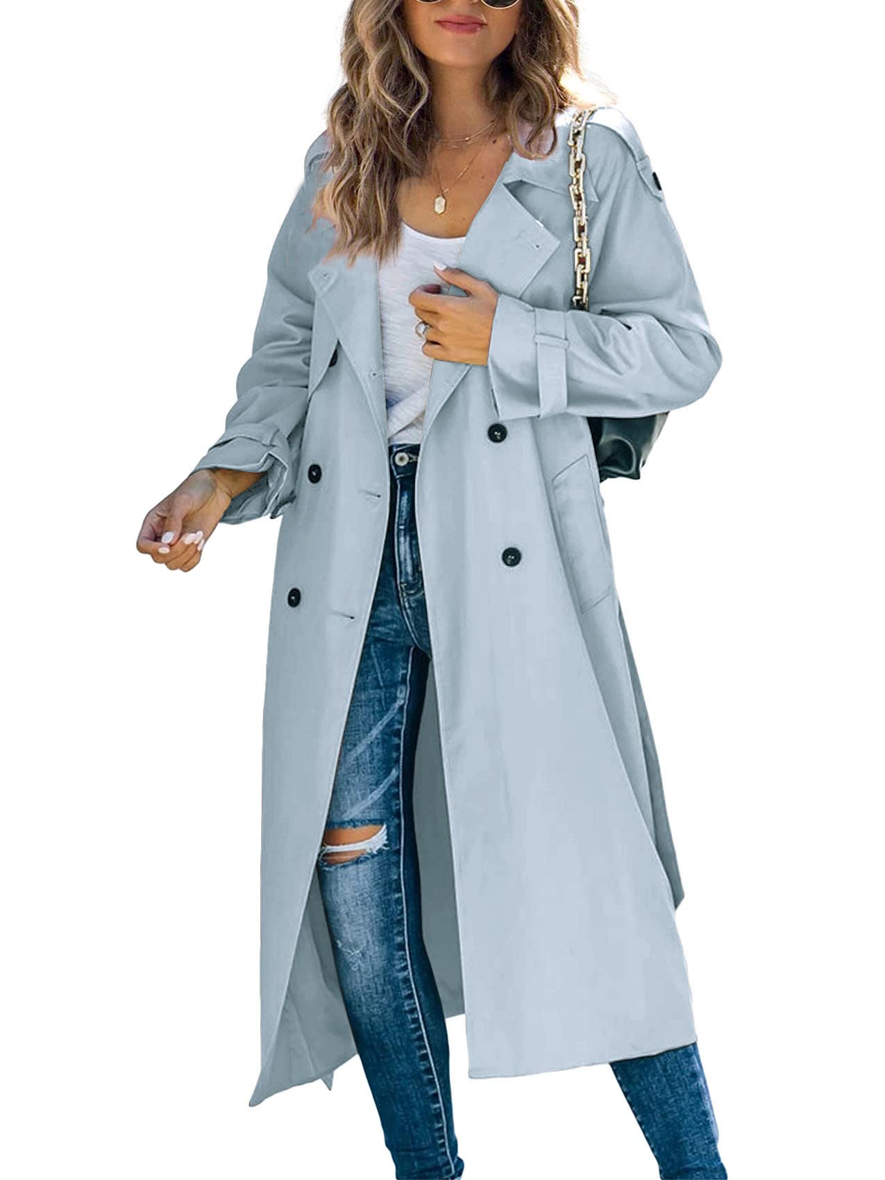 Womens Long Trench Coat Double Breasted Windproof Overcoat With Belt