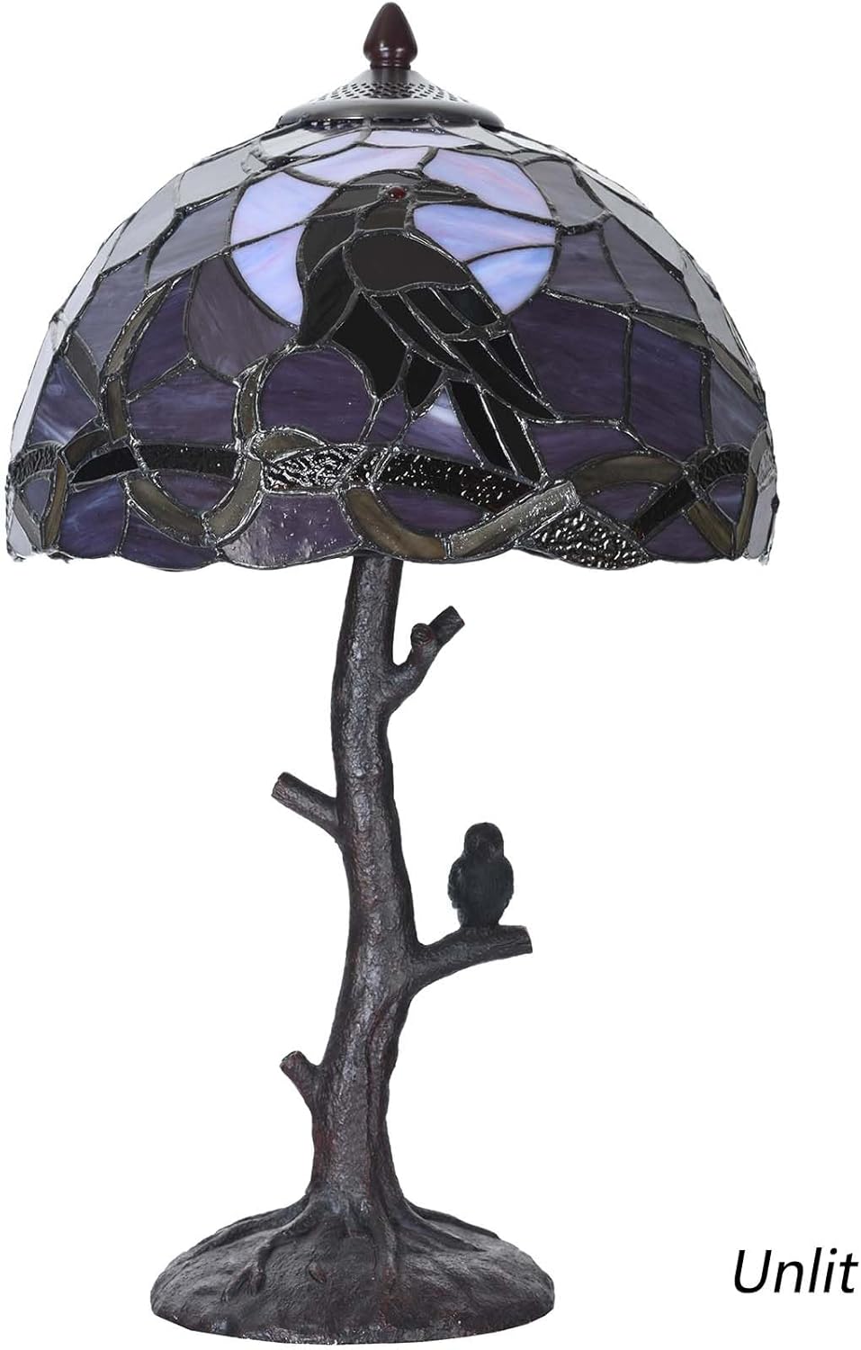 Bieye L12024 Raven Sitting on Bare Tree Branch in Full Moon Night Tiffany Style Stained Glass Table Lamp for Home Decor (Dark Purple, 12Wx20H)
