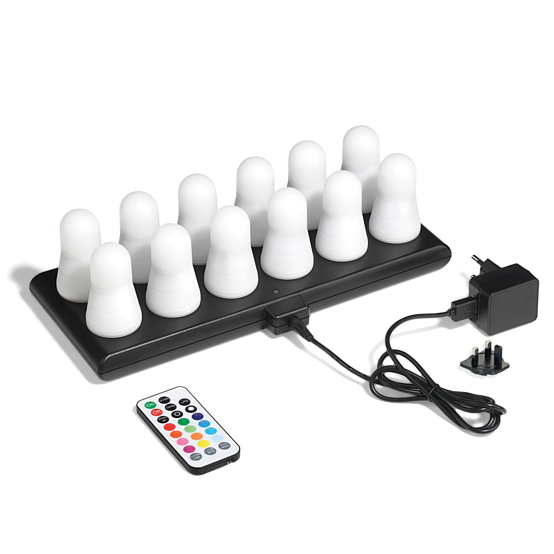 Madrigal Color&Mood: Set mit 12 LED-Teelichtern RGB + Warmweiß + Flackernde Flamme – Wiederaufladbar mit Fernbedienung – Verbesserte Magnetbasis