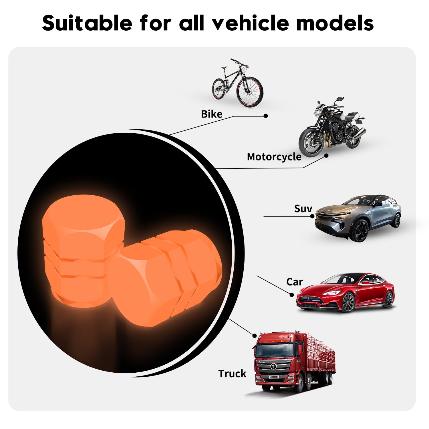 Glowing Tire Valve Caps, 5 Pack Universal Fit Valve Stem Caps - Easy Install, Leak-Proof Tire Air Caps for Cars, Trucks, SUVs, Motorcycles, Bikes (Orange)